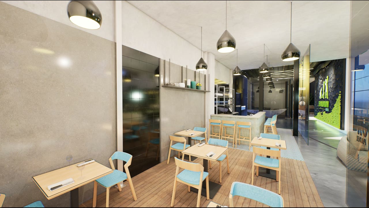 Cafe and seating area render inside Evolution Padel