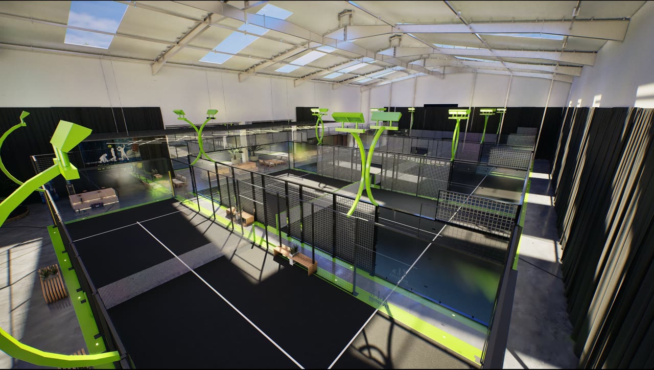 Overhead render of the indoor courts at Evolution Padel