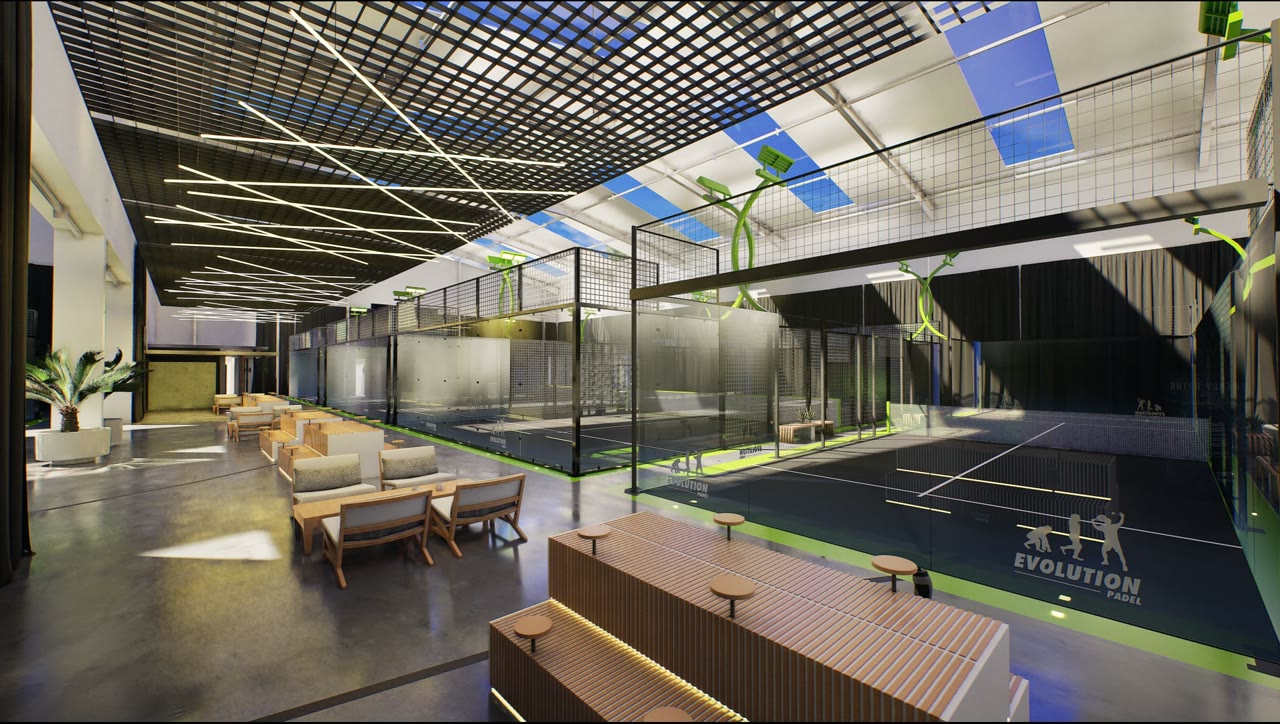 Evolution Padel courts and lounge render
