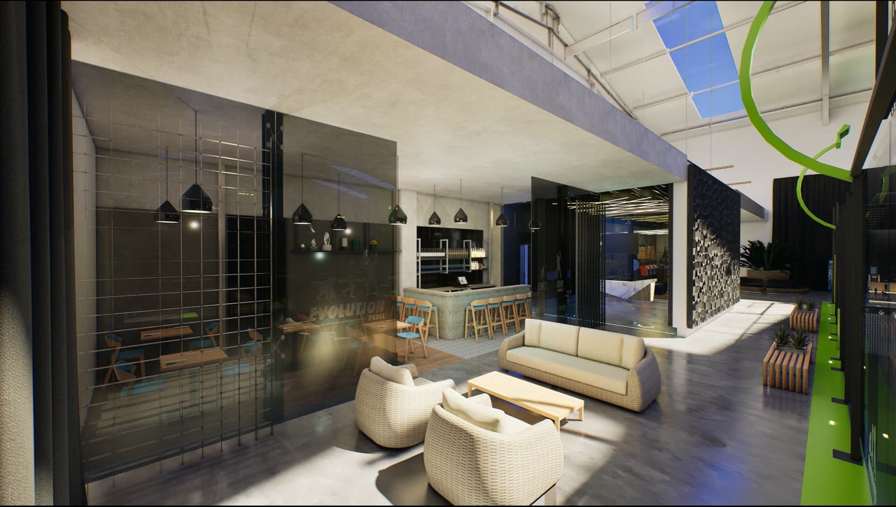 Lounge seating overlooking the courts at Evolution Padel